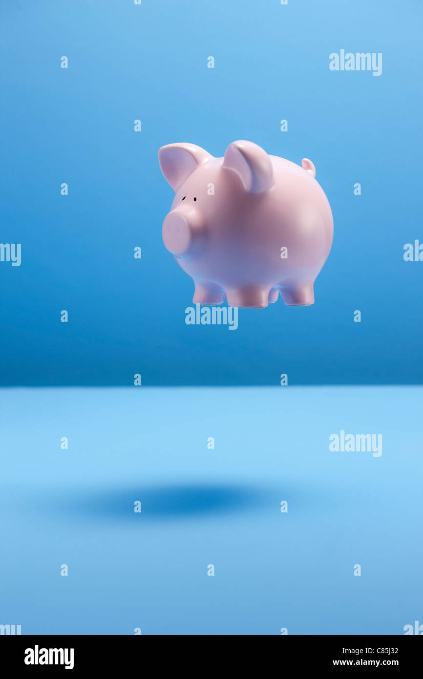 Piggy bank against blue background Stock Photo - Alamy