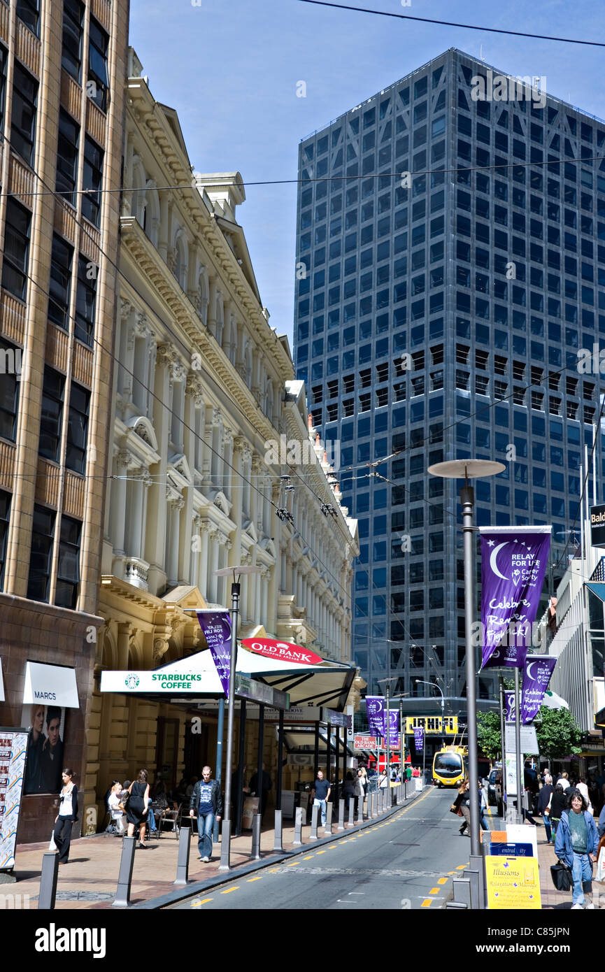 The Old Bank of New Zealand Building with Modern Tower Block in Lambton Quay Wellington North Island New Zealand NZ Stock Photo