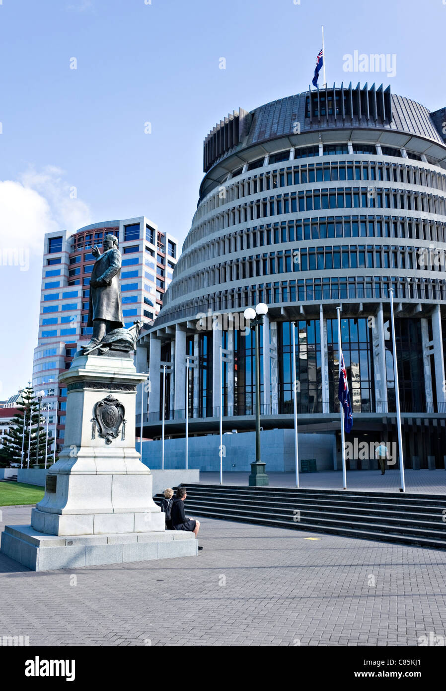 The Beehive and Parliament Buildings in Wellington City North Island New Zealand Stock Photo