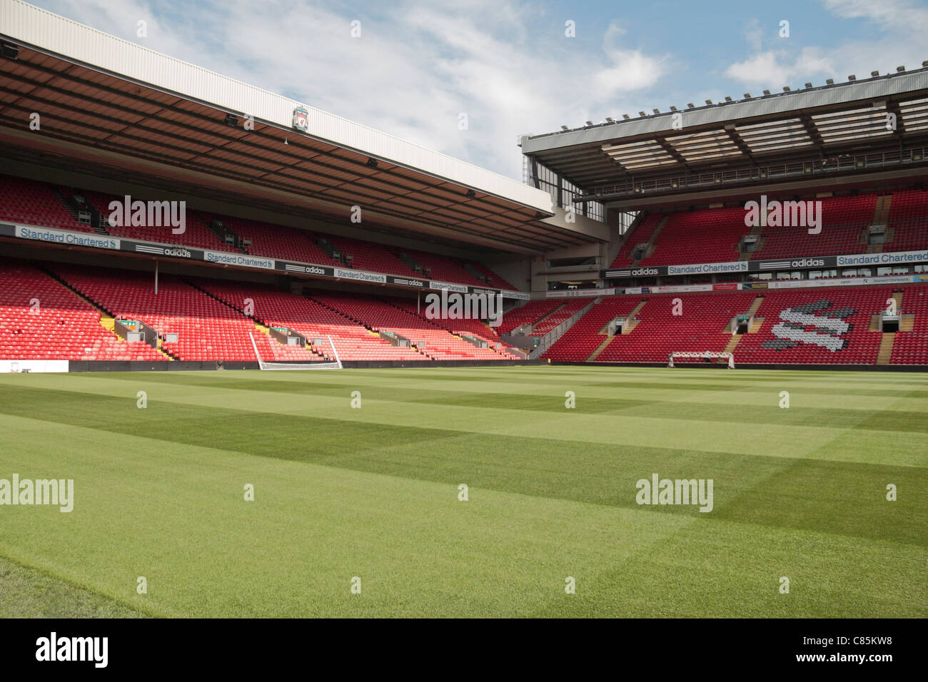 General view of Anfield (2011), with the Anfield Road (left) & Centenuary stands in the home ground of Liverpool Football club.  Aug 2011 Stock Photo