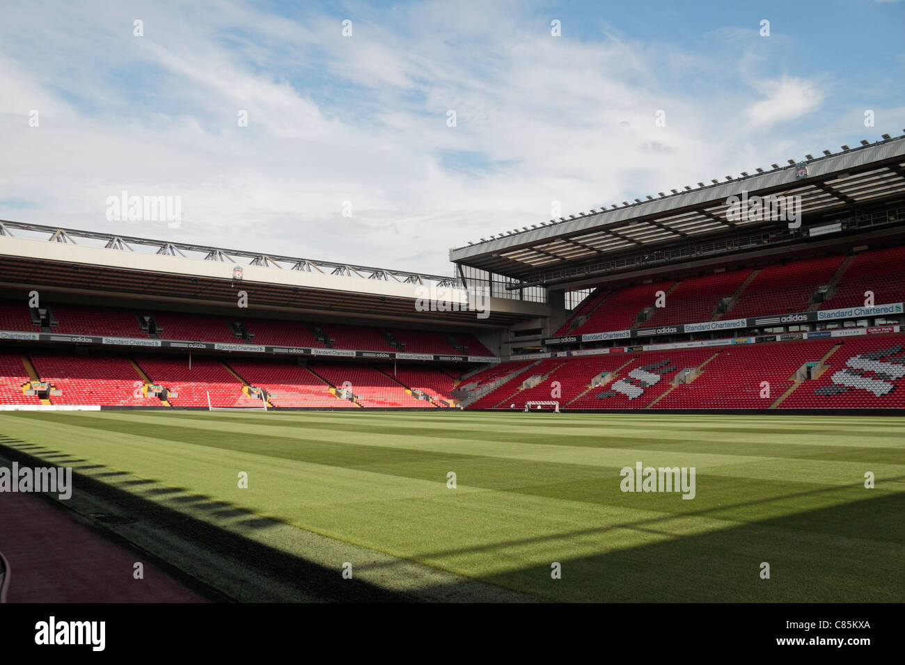 General view of Anfield (2011), lookings towards the Anfield Road (left) & Centenary Stands at the home of Liverpool Football club.  Aug 2011 Stock Photo