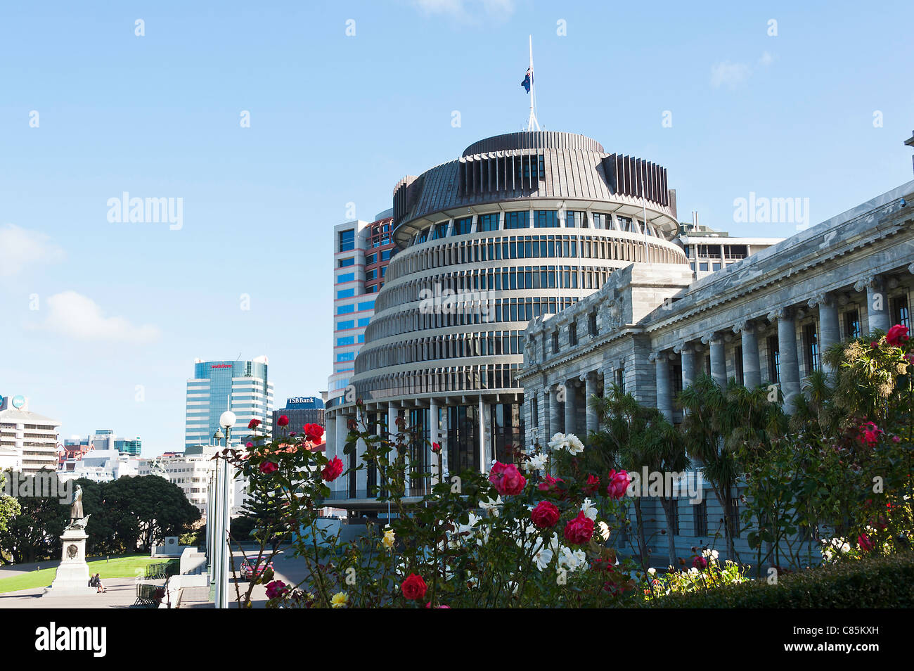 The Beehive and Parliament Buildings in Wellington City North Island New Zealand Stock Photo