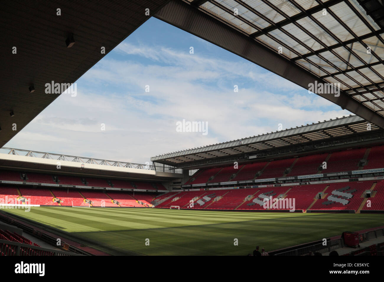 General view of Anfield from the Kop end (2011), towards the Anfield Road & Centenary stands of Liverpool Football club.  Aug 2011 Stock Photo