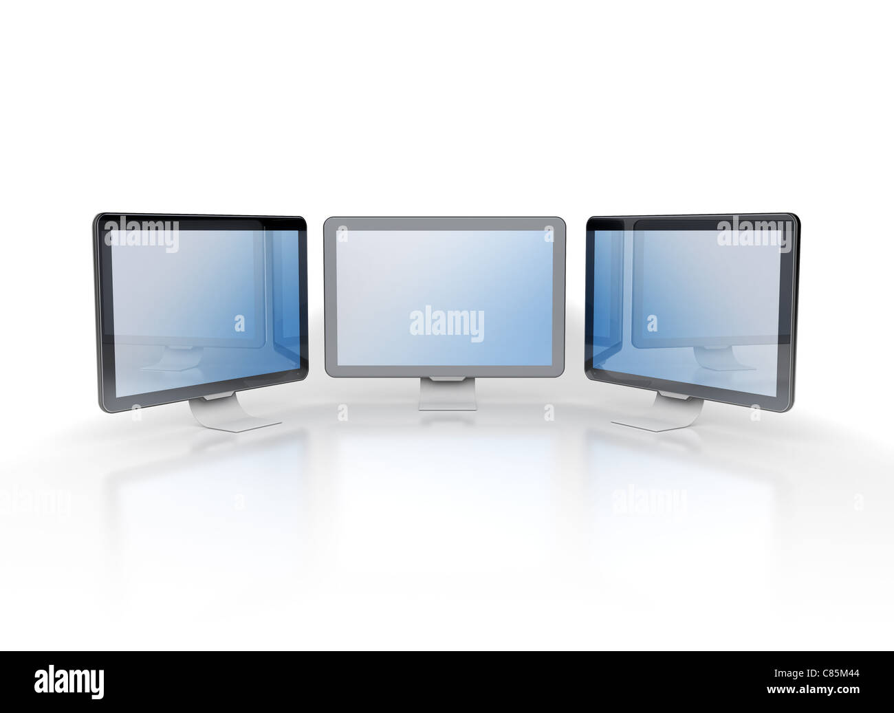 Three computer screens on white background Stock Photo Alamy