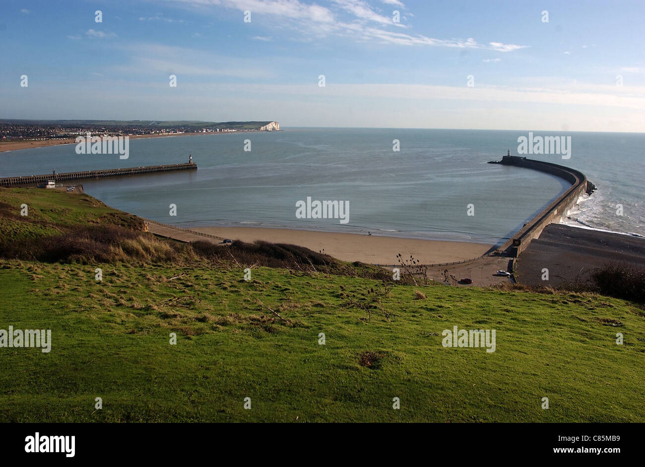 View over Newhaven Harbour from Castle Hill showing West Beach and entrance . The Castle Hill Group have turned the area into a nature reserve Stock Photo