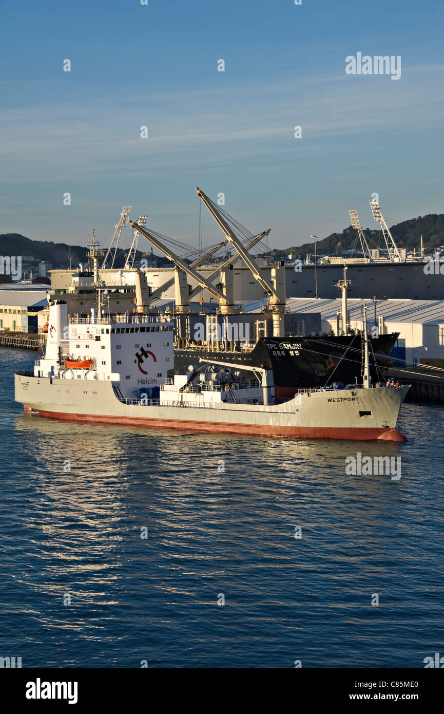 The Cement Carrier Westport Docking and Bulk Carrier TPC Samjin Docked at Wellington Harbour North Island New Zealand NZ Stock Photo