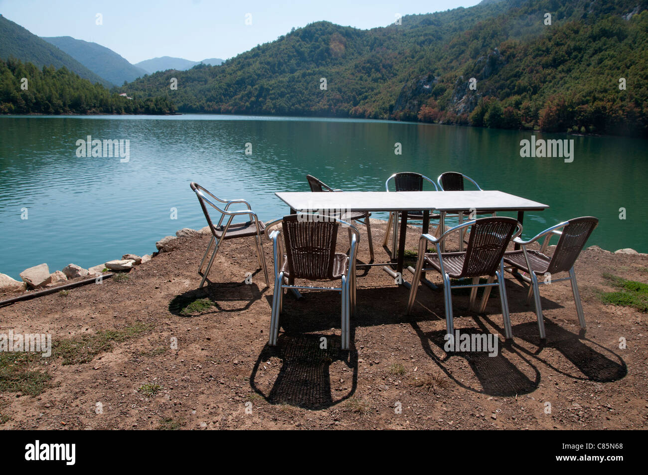 Reservoir near Lac. Cafe table and chairs Stock Photo Alamy