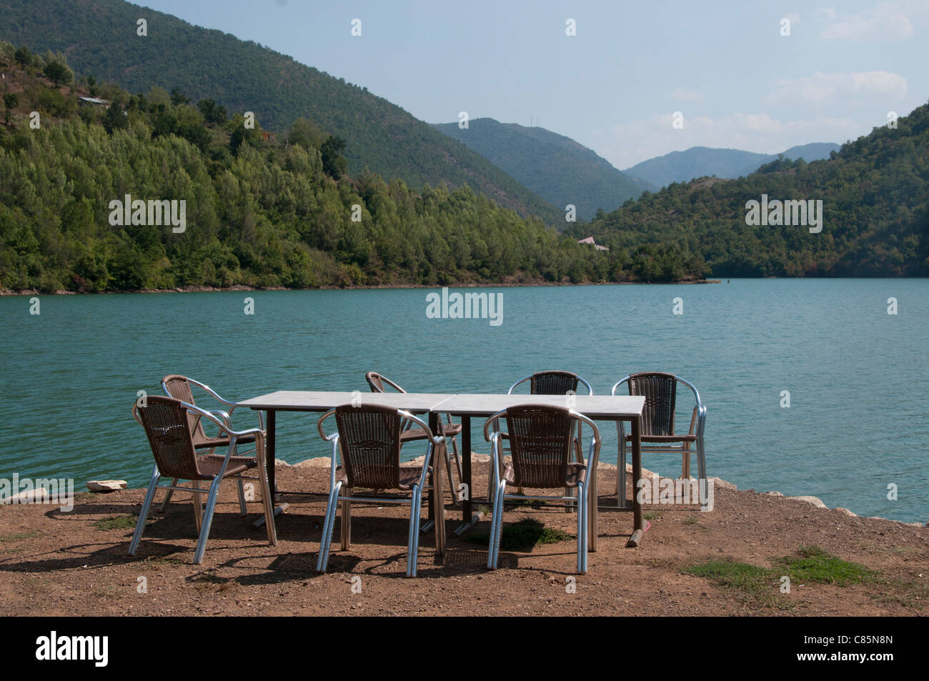 Reservoir near Lac. Cafe table and chairs Stock Photo Alamy