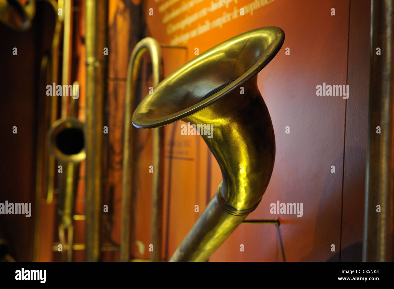 Musical instruments in the museum / birthplace of Adolphe Sax, Belgian inventor of the saxophone, Dinant, Belgium Stock Photo