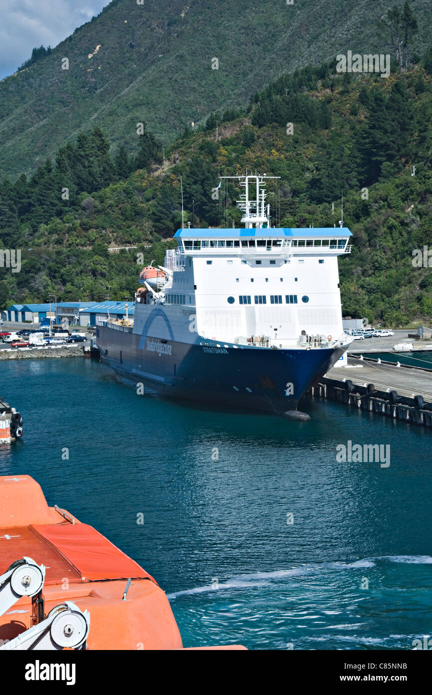 The Strait Shipping Roll-on Roll-off Car and Passenger Ferry Straitsman Docked at Picton Harbour South Island New Zealand NZ Stock Photo