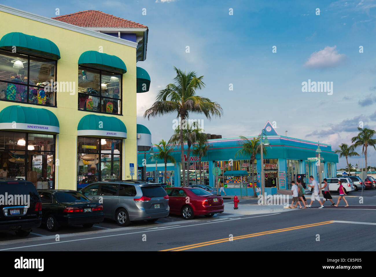 People crossing Estero Blvd, Fort Myers Beach, FL, USA Stock Photo