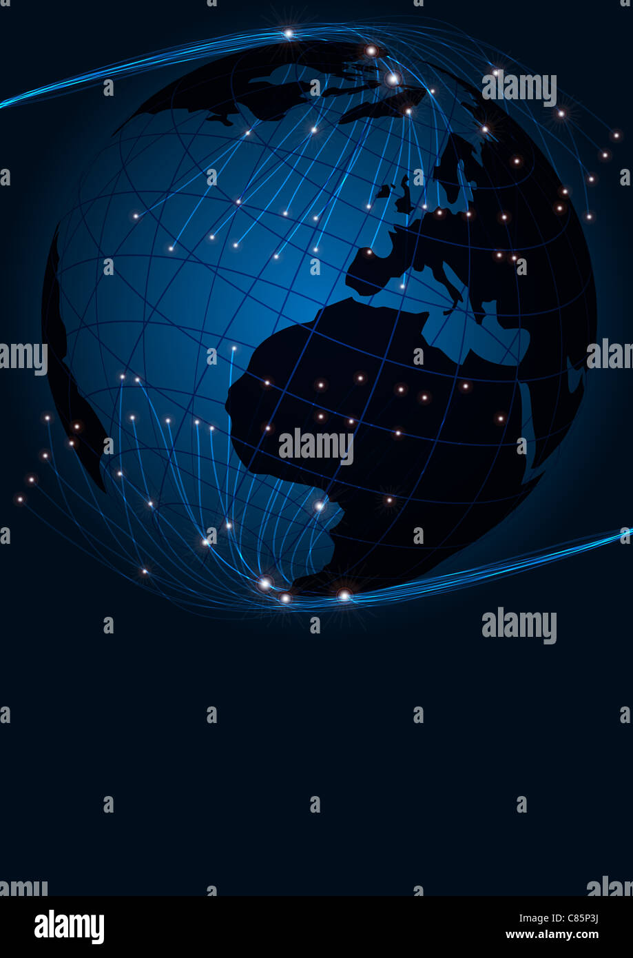 Abstract Background Optical Fibers and Globe on Dark Blue Background