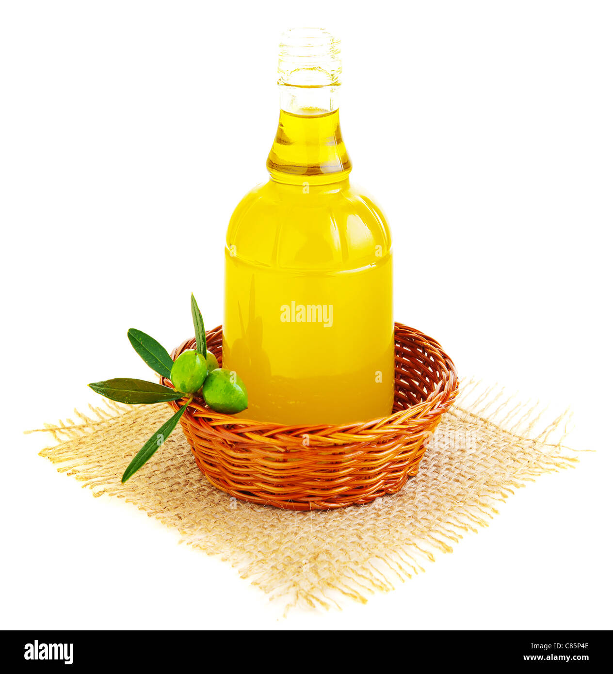 Fresh green olives and olive oil isolated on white background Stock ...