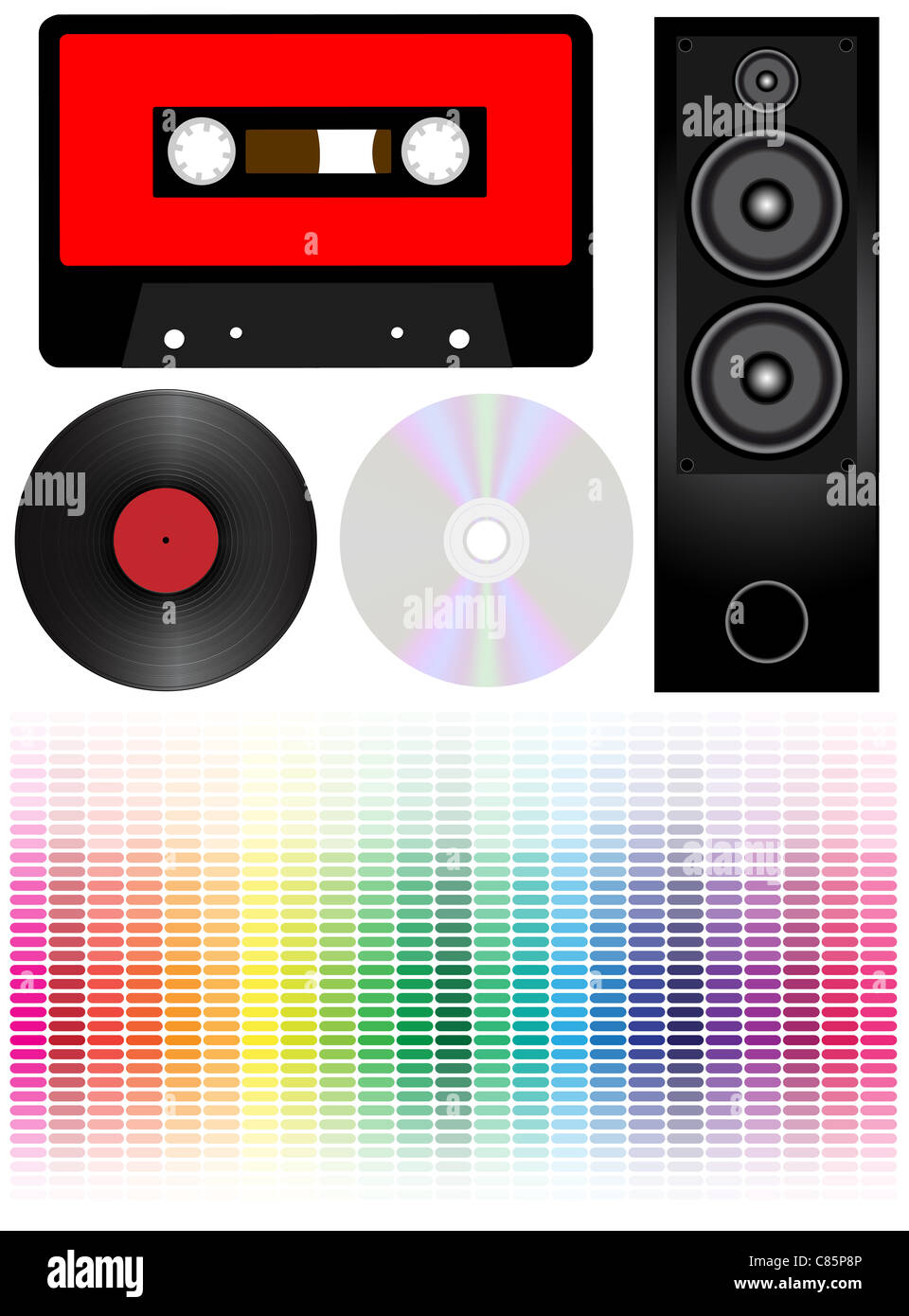 Set of Audio Cassette Tape, Vinyl LP Record, CD Disc, Loudspeaker and ...