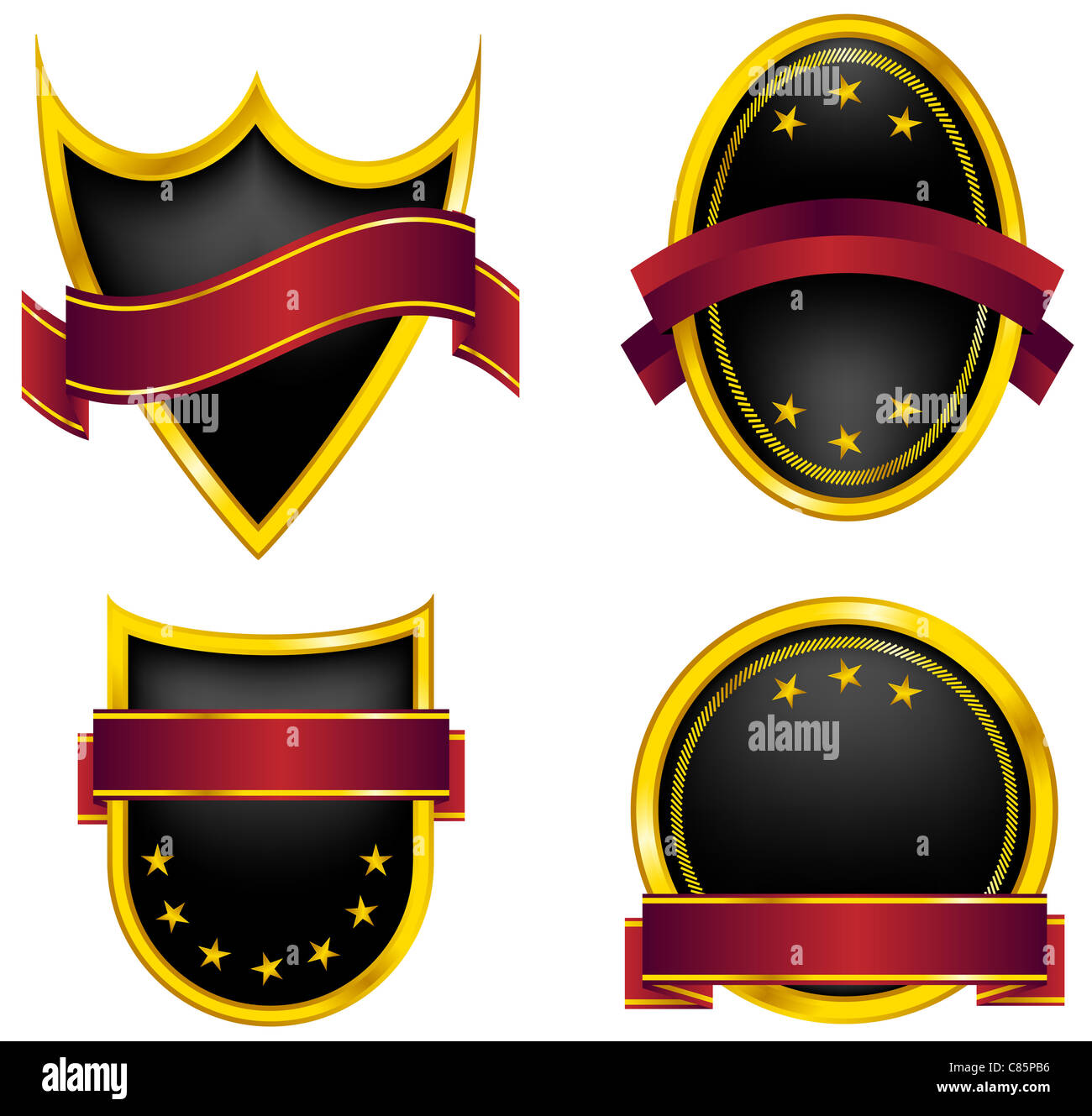 Set of Black and Golden Emblems With Red Ribbon Stock Photo
