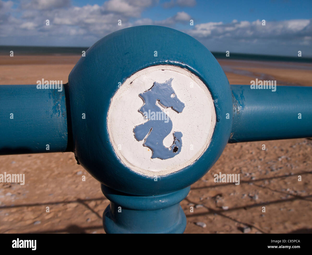 Benllech Bay, Anglesey Wales. Painted railings - Sea Horse Stock Photo