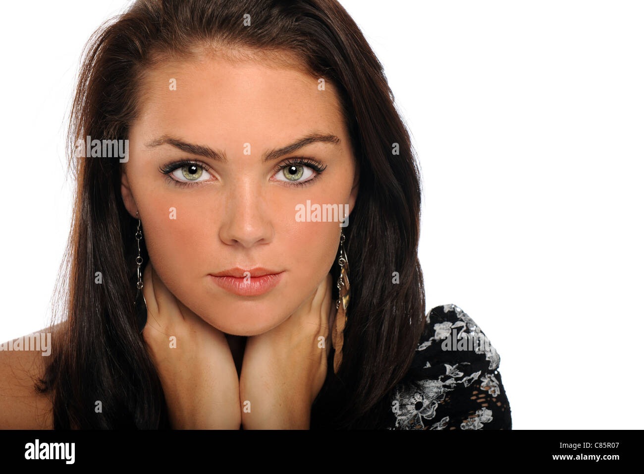 Portrait of beautiful young woman isolated over white background Stock ...