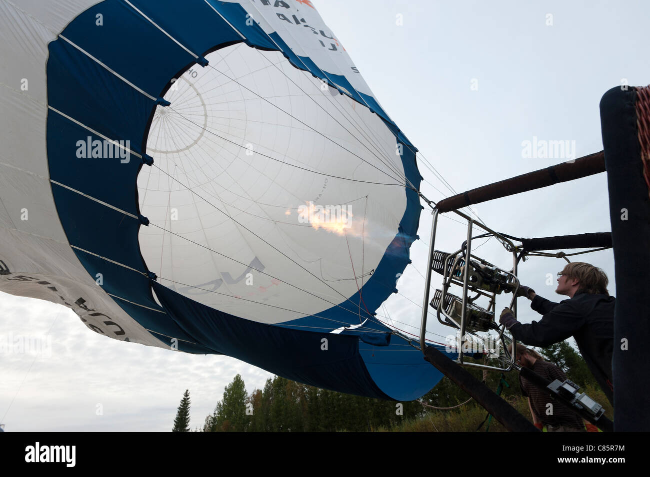 Filling up a balloon before flight in Oulu, Finland Stock Photo