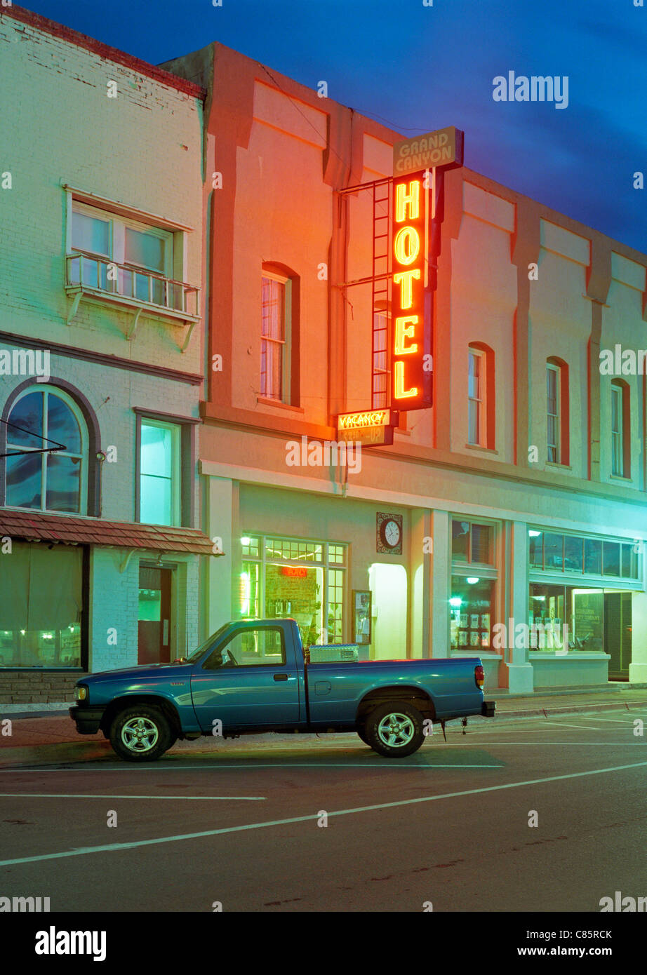 Pickup outside Grand Canyon hotel, Williams, Arizona, evening Stock