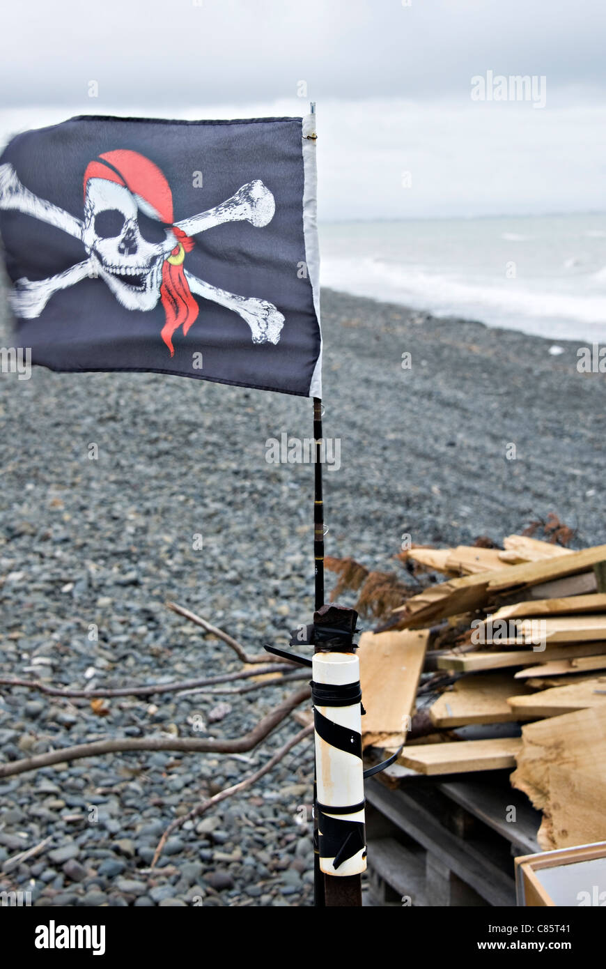 Skull and Crossbones Pirate Flag Flies in a Stiff Breeze on Beach at Cape Kidnappers Hawke Bay North Island New Zealand Stock Photo