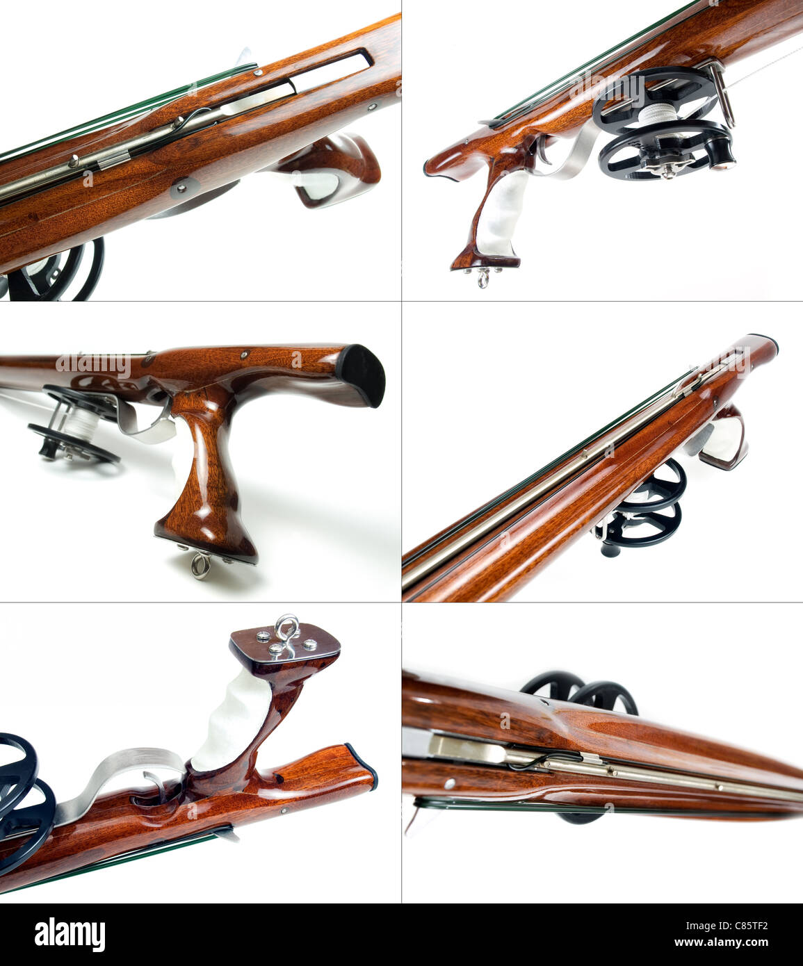 Collage of six different views to the rear part of handmade wooden speargun  on white background Stock Photo - Alamy