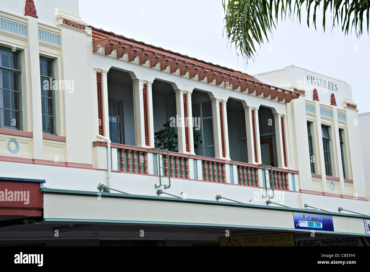 Beautiful Art Deco Architecture of Shops Restaurant and Garage Buildings in Napier North Island New Zealand Stock Photo