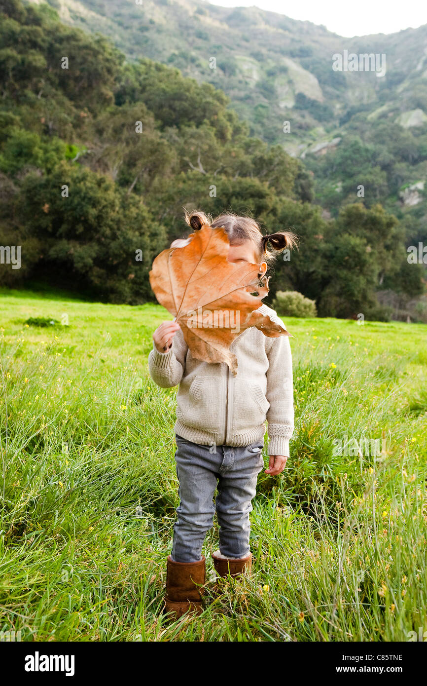 Little girl covering her face with a leaf Stock Photo - Alamy