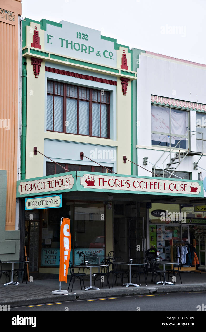 Beautiful Art Deco Architecture of Shops Restaurant and Garage Buildings in Napier North Island New Zealand Stock Photo