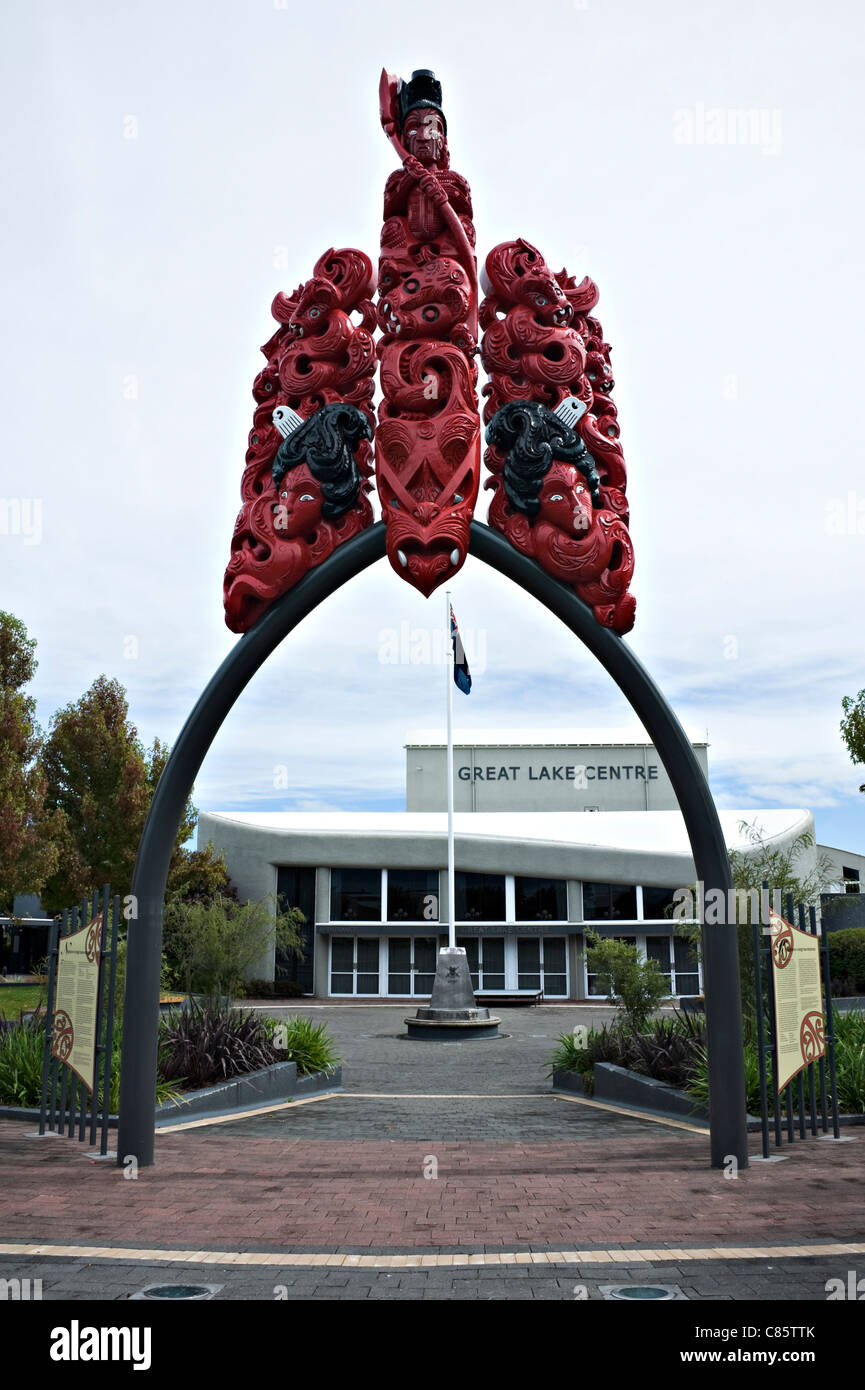 The Highly Decorated Maori Entrance Arch to The Great Lake Centre in Taupo North Island New Zealand NZ Stock Photo