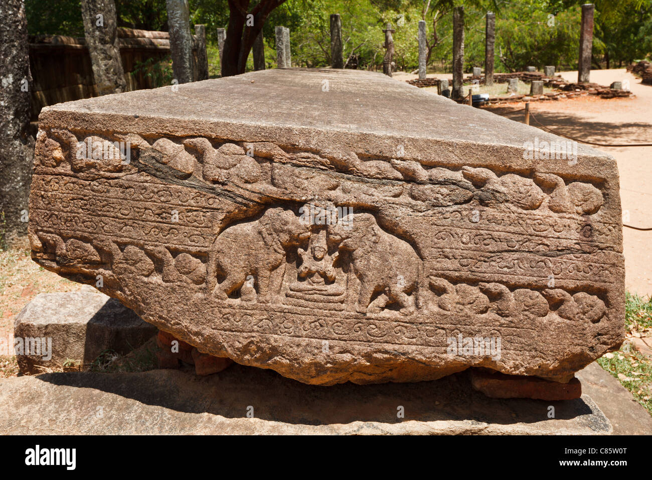 Ancient stone carving at the Buddhist dagoba (stupa). Sri Lanka Stock Photo