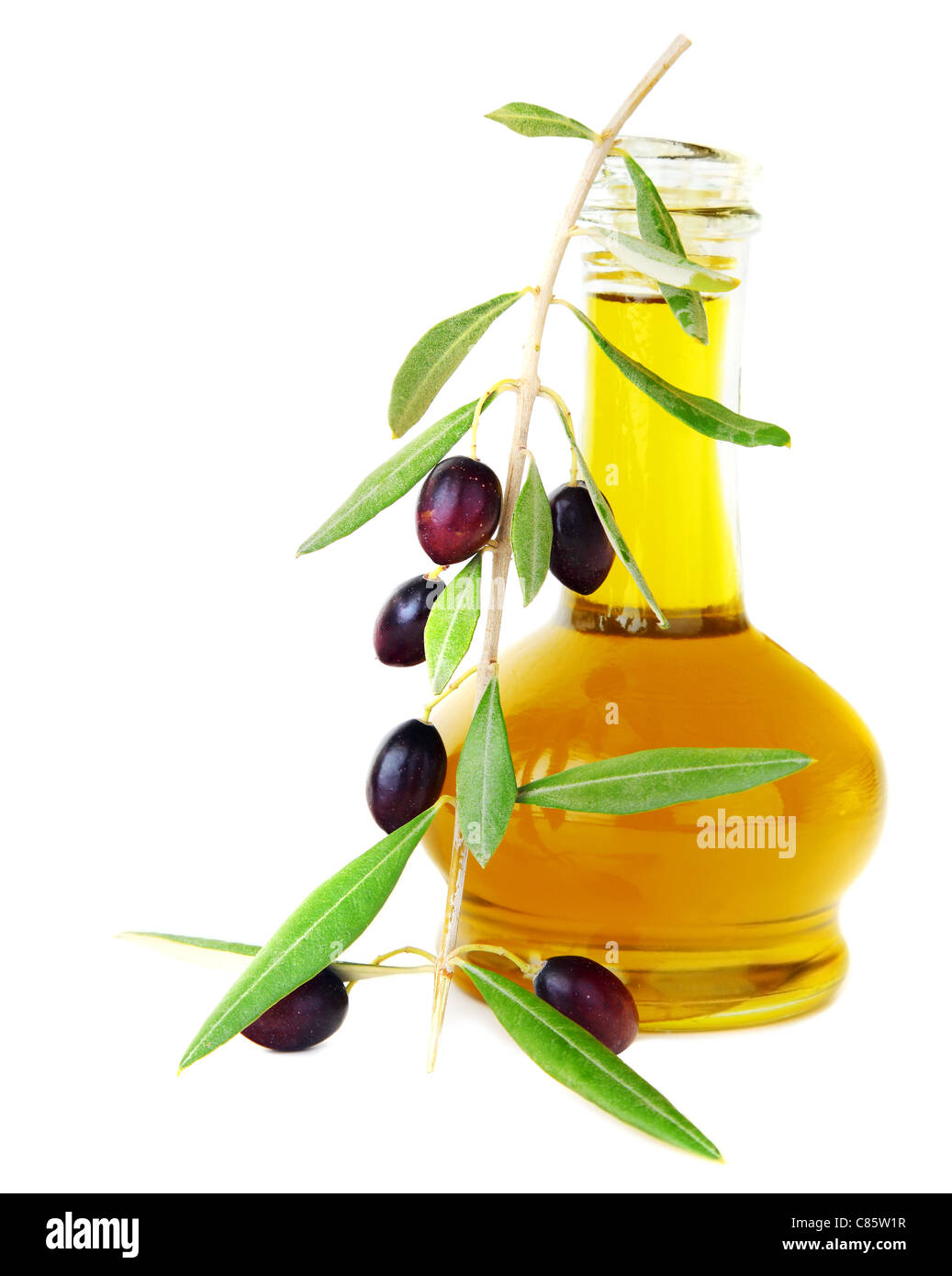 Fresh black olives & olive oil isolated on white background Stock Photo