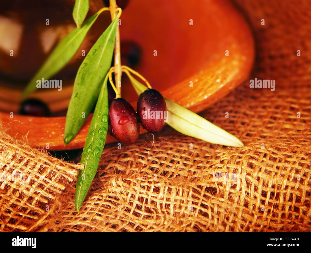 Fresh black olives over burlap canvas Stock Photo Alamy