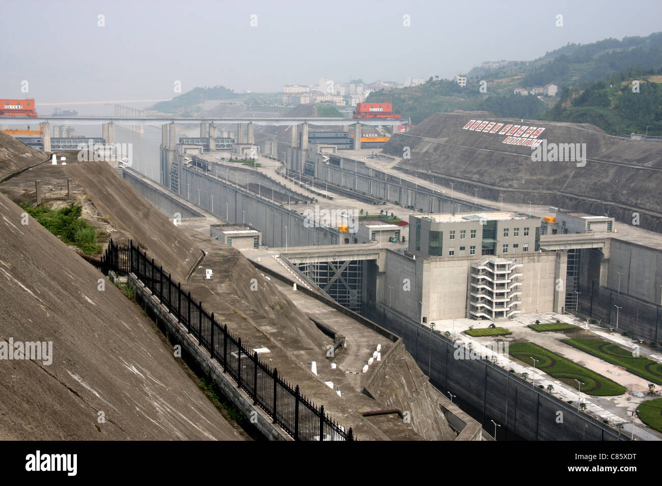 Looking upstream at the ship locks at Three Gorges Dam, Yangtze River, China Stock Photo