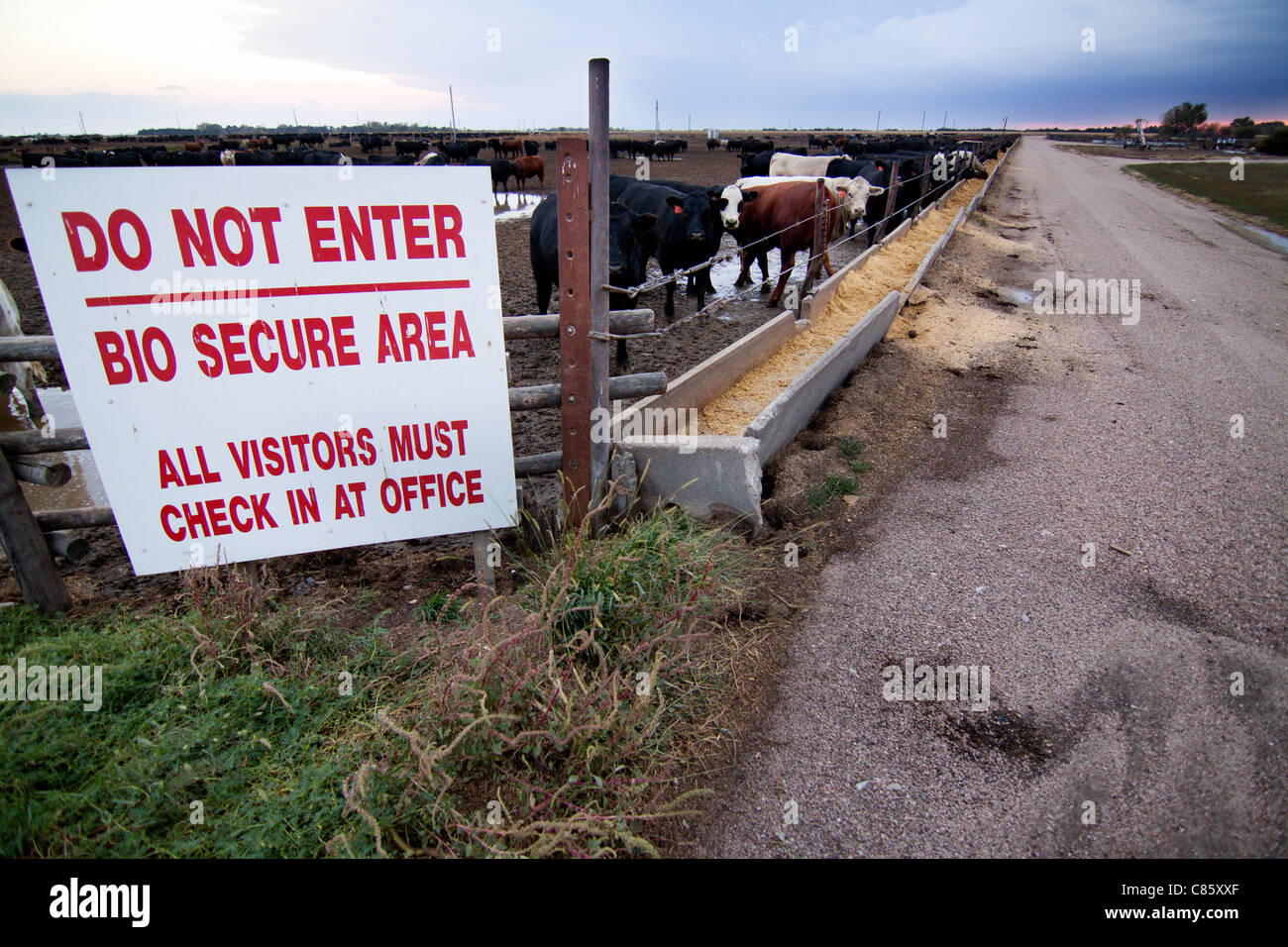 A sign warns against entering a biologically secure area at a farm near Grand Island, Nebraska, USA. Stock Photo