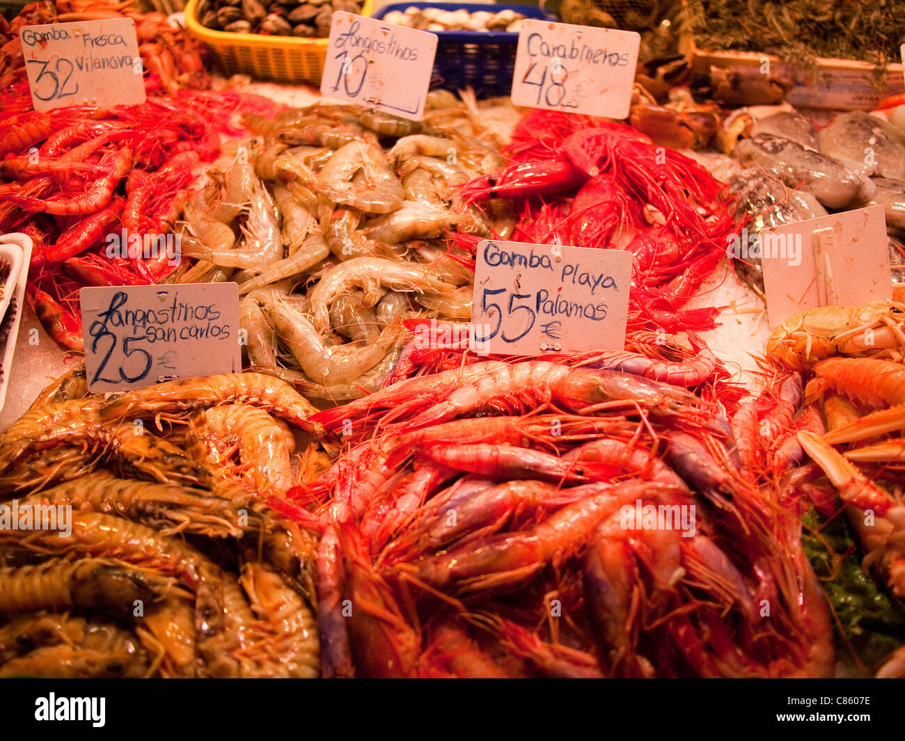 Shellfish at a Seafood Market, Barcelona Stock Photo