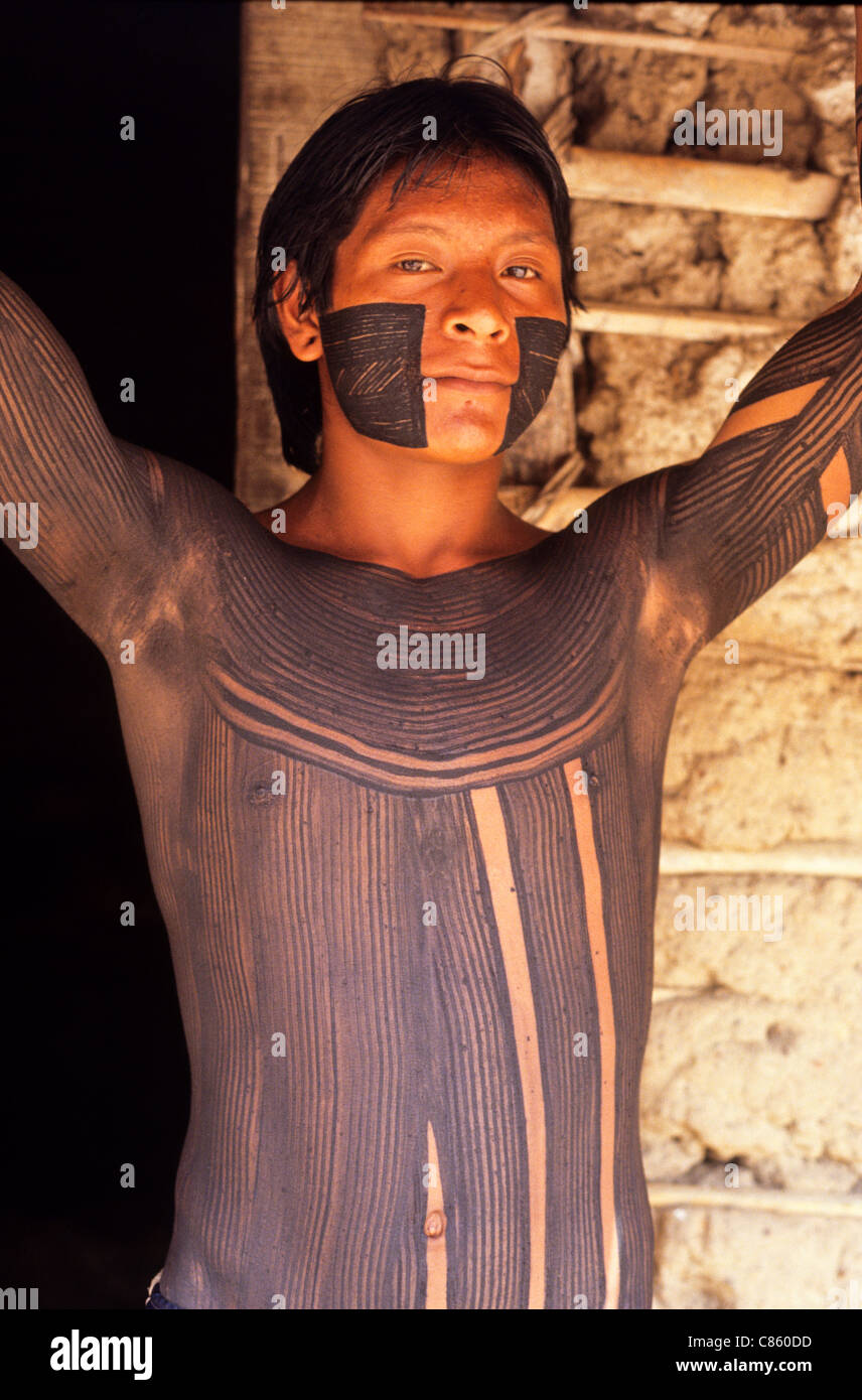 Catete, Xingu, Brazil. Young Xicrin Kayapo man with full face and body paint. Stock Photo