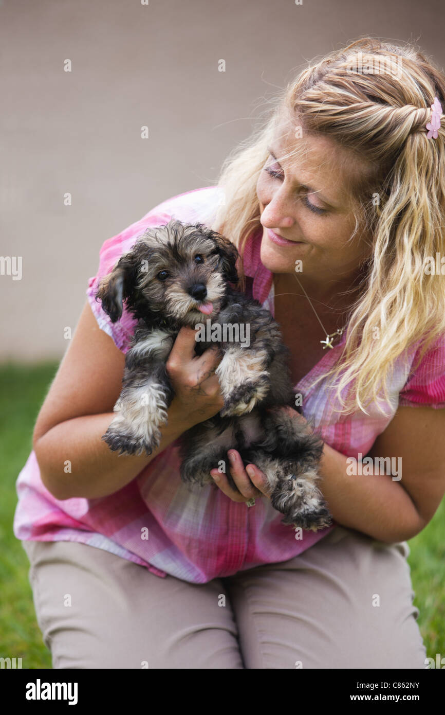 A woman holding a schnoodle puppy. Stock Photo