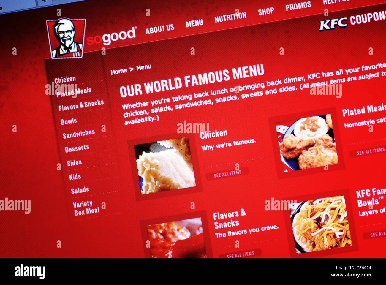 Menu at Kentucky Fried Chicken's website Stock Photo