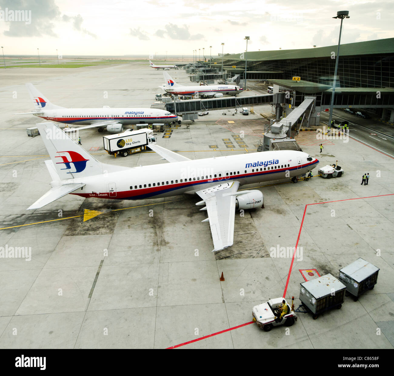 an airplane of malaysia airlines is in the KLIA airport. Stock Photo