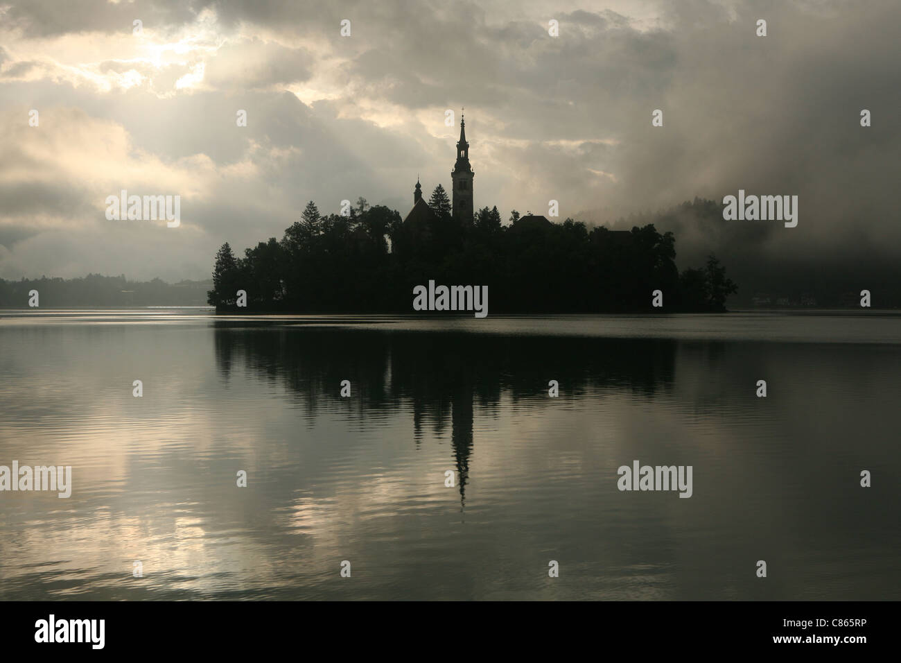 Lake Bled with the pilgrimage church of the Assumption of Mary on Bled Island in the Julian Alps, Slovenia. Stock Photo