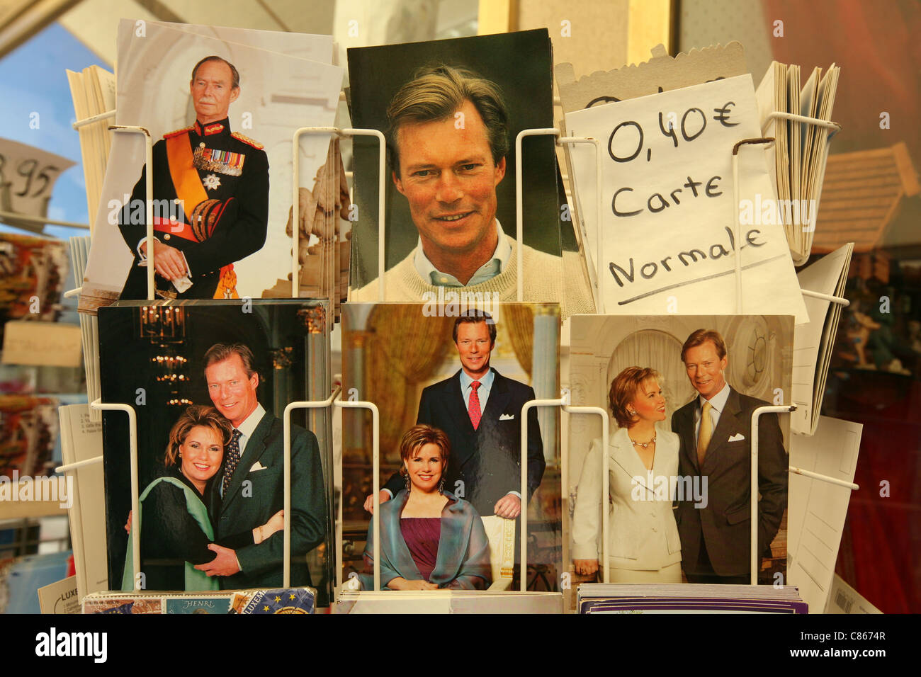 Postcards with portraits of Grand Duke of Luxembourg Henri and his wife Grand Duchess Maria Teresa in Luxembourg City. Stock Photo