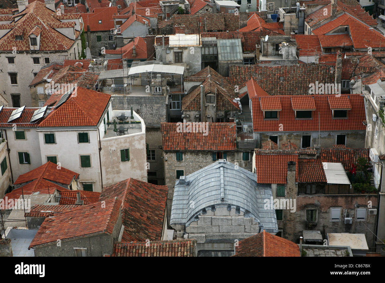 Tiled roofs of Split, Croatia, from the bell tower of the Split Cathedral. Stock Photo