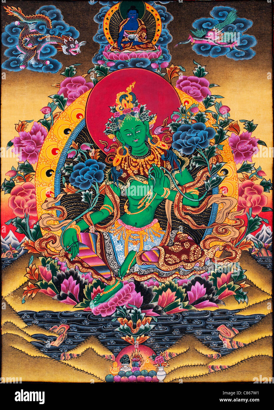 Colourful Tibetan Buddhist Thangka Tanka Painting Green Tara Stock 