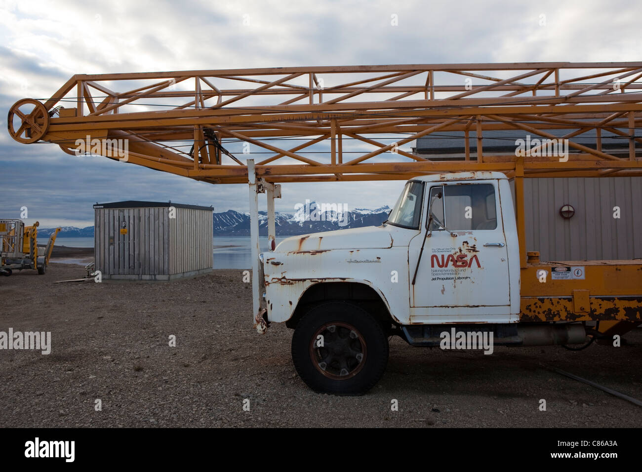NASA truck parked at the space Geodetic Research Facility of the Norwegian Mapping Authority, Ny Alesund, Svalbard. Stock Photo