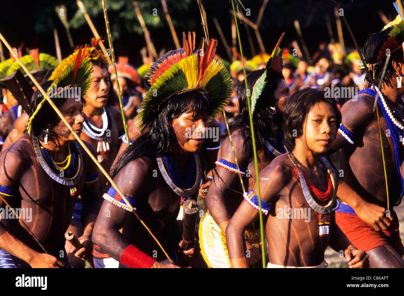 Altamira, Brazil. Kayapo warriors in a ceremonial dance. Stock Photo