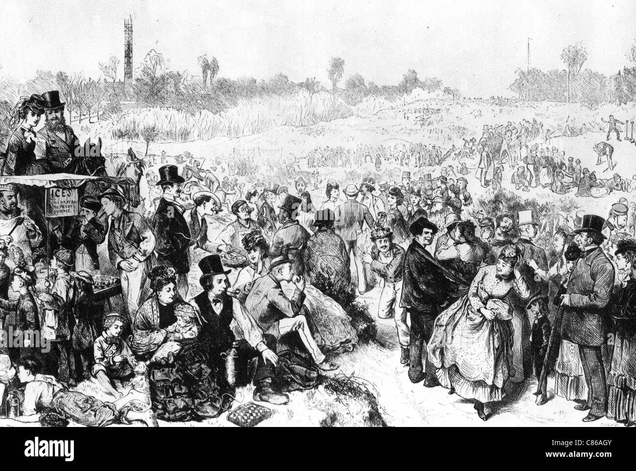 HAMPSTEAD HEATH CROWDS on a bank holiday in 1872 Stock Photo