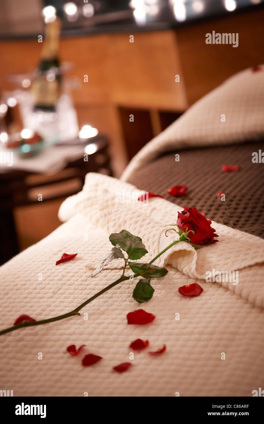 Red rose and petals left on a bed Stock Photo Alamy