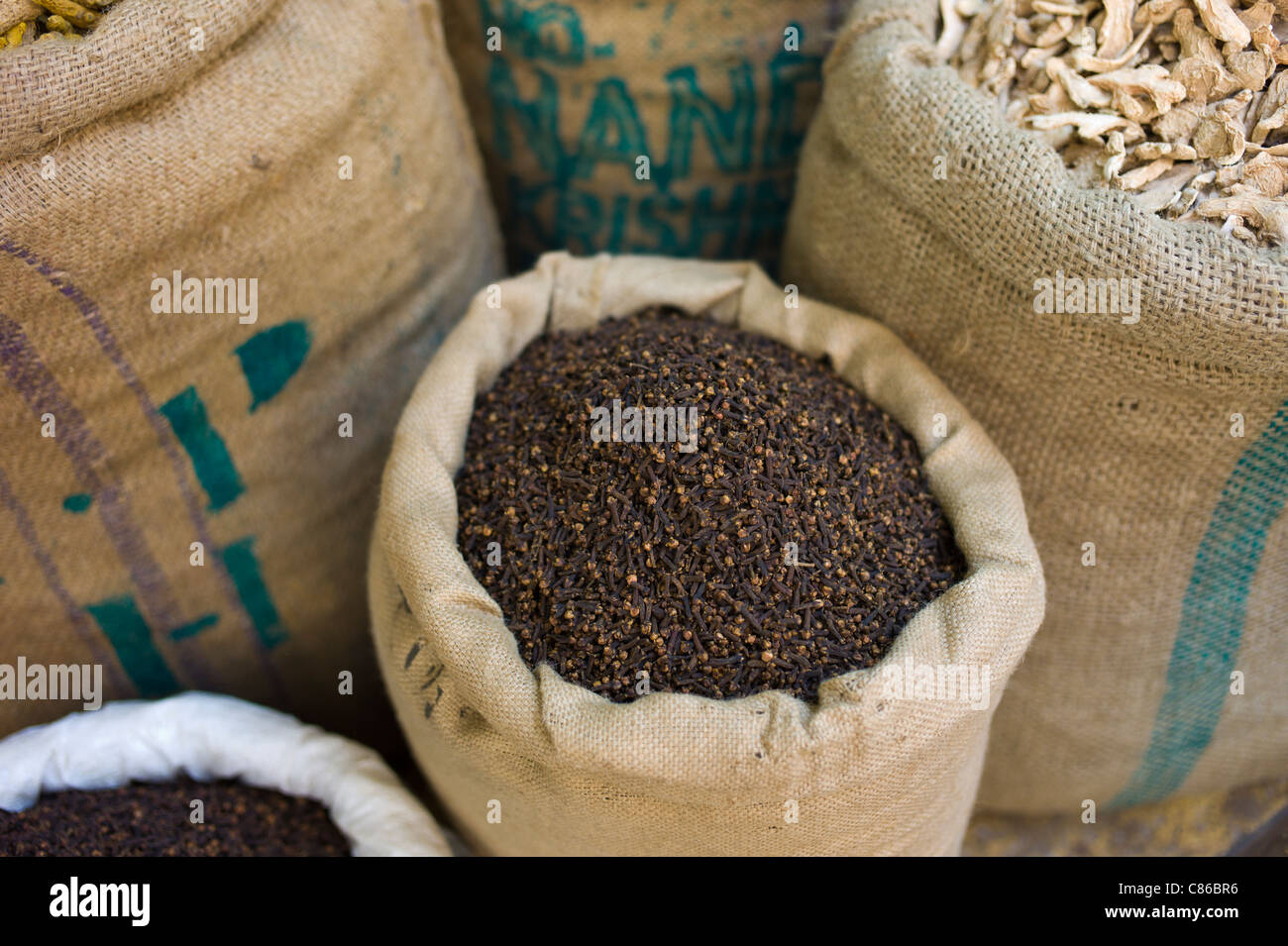 Sacks of dried cloves and ginger at Khari Baoli Spice and Dried Foods