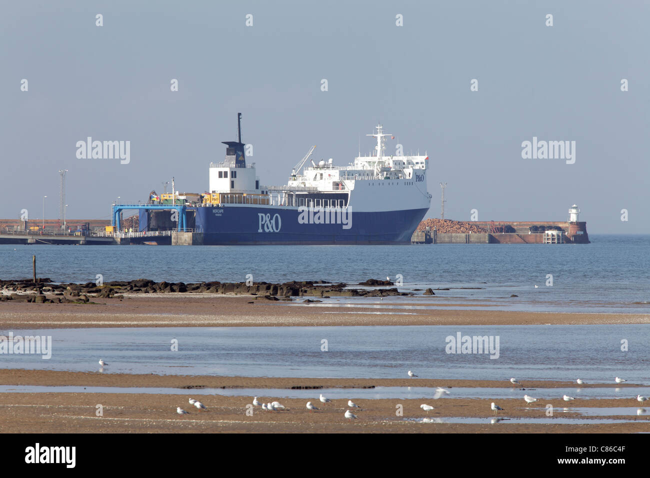 P&O Troon to Larne freight ferry at Troon North Beach Terminal in South Ayrshire, Scotland, UK Stock Photo