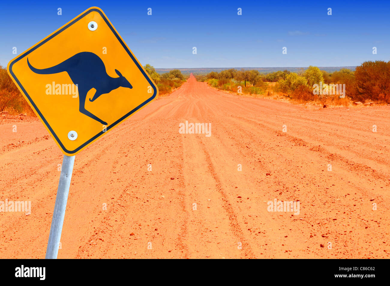 Australian kangaroo roadsign in red outback landscape Stock Photo